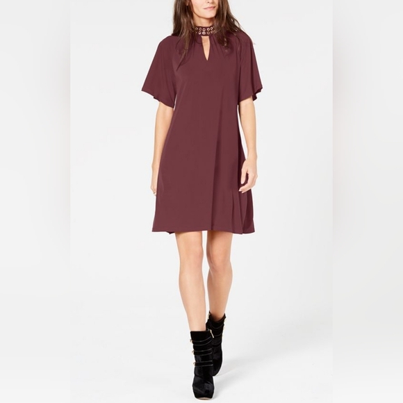 Michael Kors Burgundy Dress Gold Studs Collard Elephant Ears Sleeves Size S - Picture 6 of 13